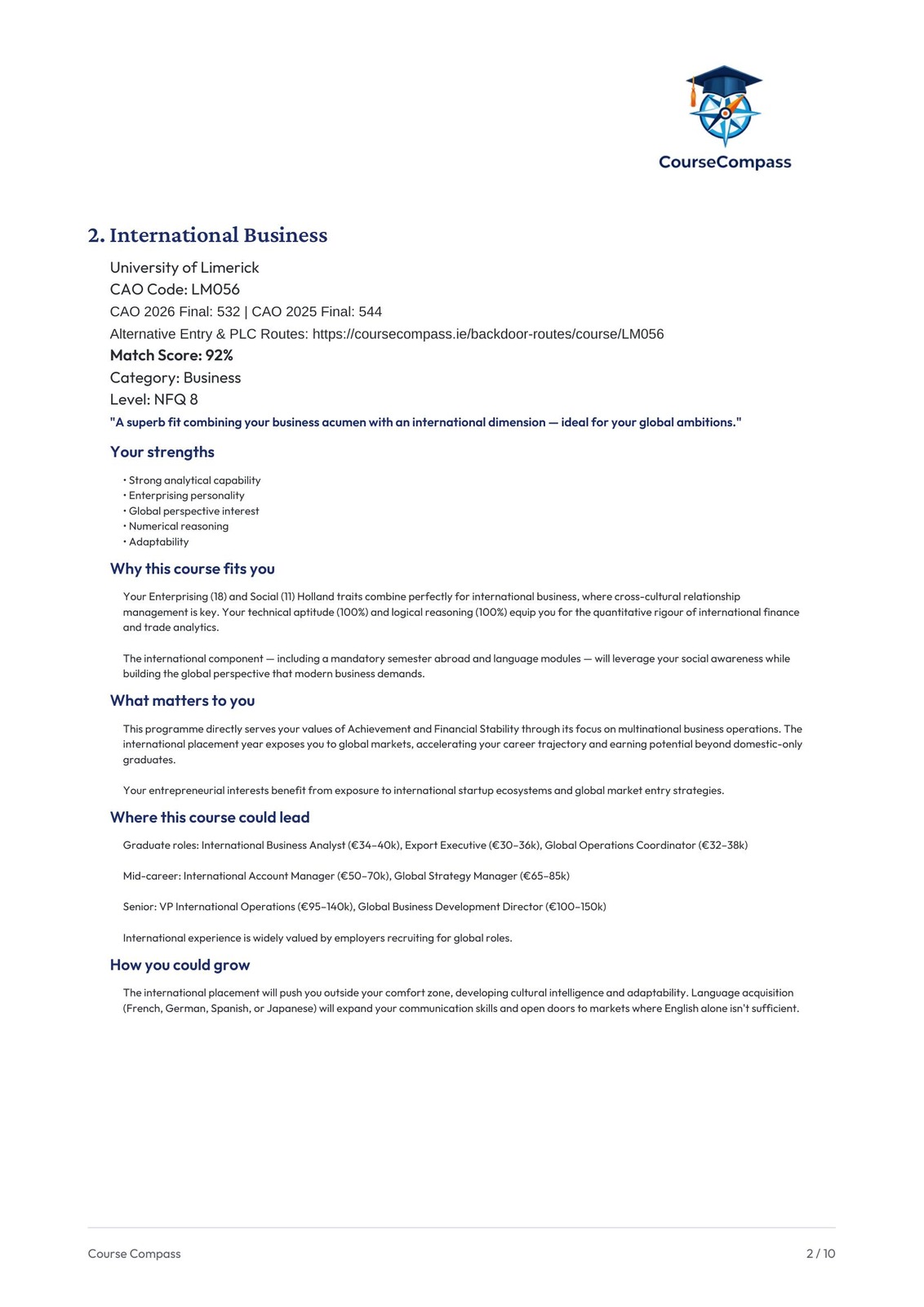 CourseCompass assessment booklet showing detailed student profile and recommendations