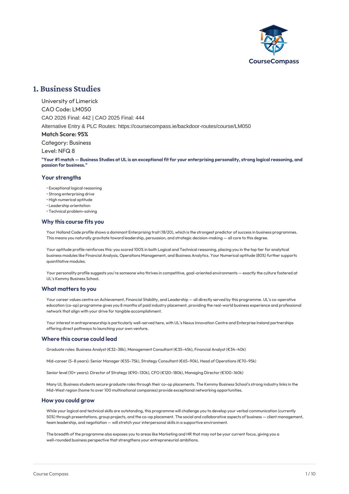 CourseCompass assessment booklet showing personalised course recommendations based on CAO points