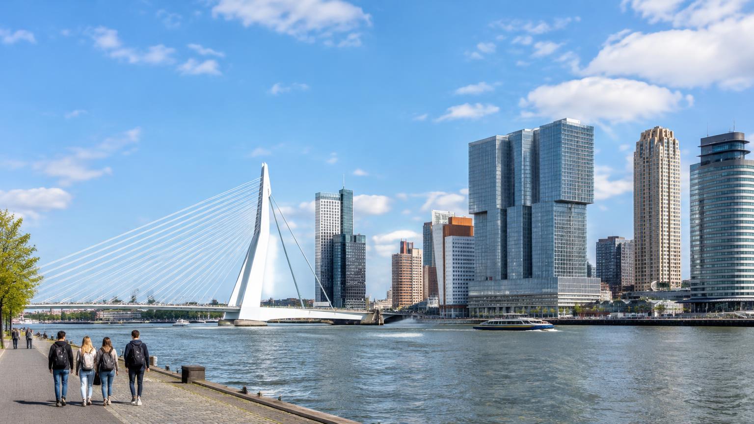 Illustrative view of Rotterdamโs waterfront and Erasmus Bridge